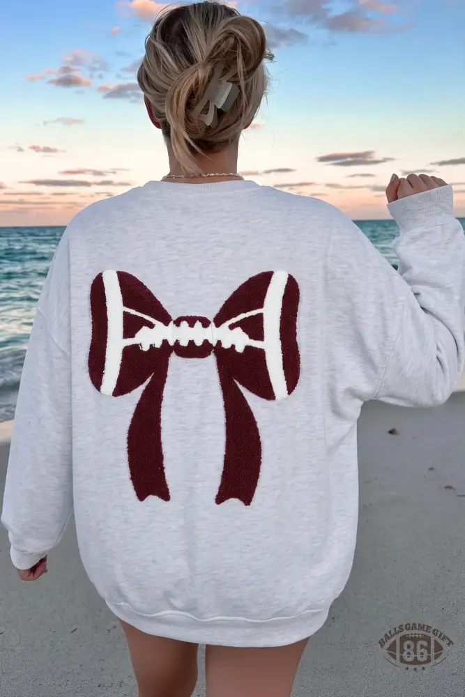 Women Gray Chenille Embroidered Football Bow Back Game Day Oversized Sweatshirt