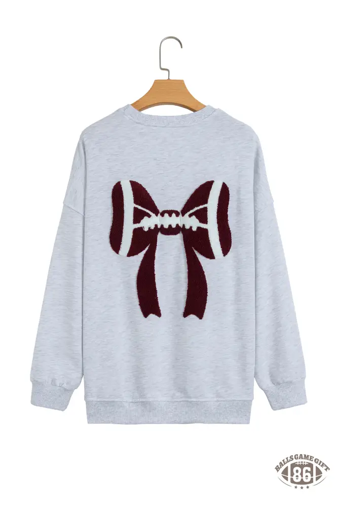 Women Gray Chenille Embroidered Football Bow Back Game Day Oversized Sweatshirt