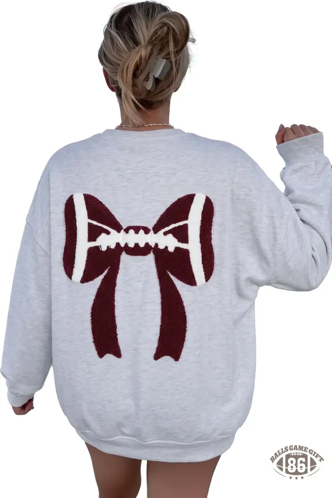 Women Gray Chenille Embroidered Football Bow Back Game Day Oversized Sweatshirt