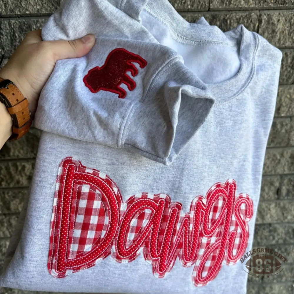 Women’s Dawgs Red Gingham Patchwork Crewneck Sweatshirt, Vintage Collegiate Loose Grey Top