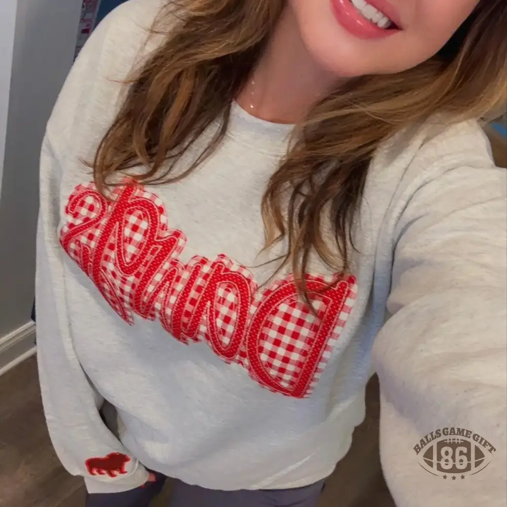 Women’s Dawgs Red Gingham Patchwork Crewneck Sweatshirt, Vintage Collegiate Loose Grey Top