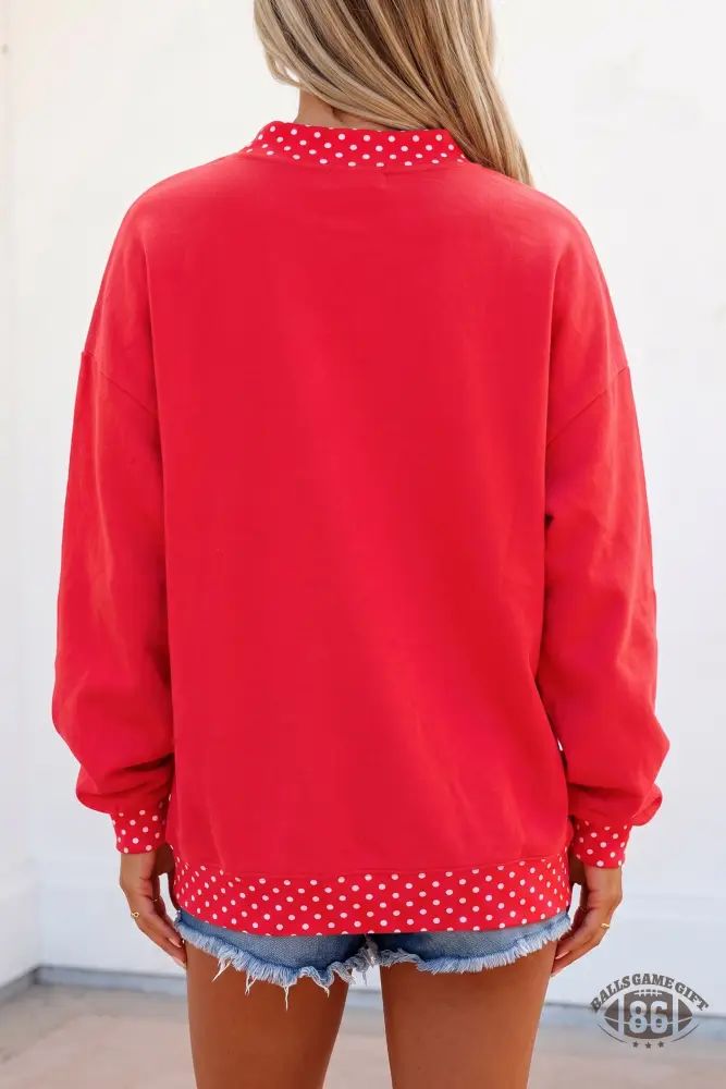 Women’s Red Polka Dot Game Day Graphic Mock Neck Sweatshirt, Oversized Sports Pullover
