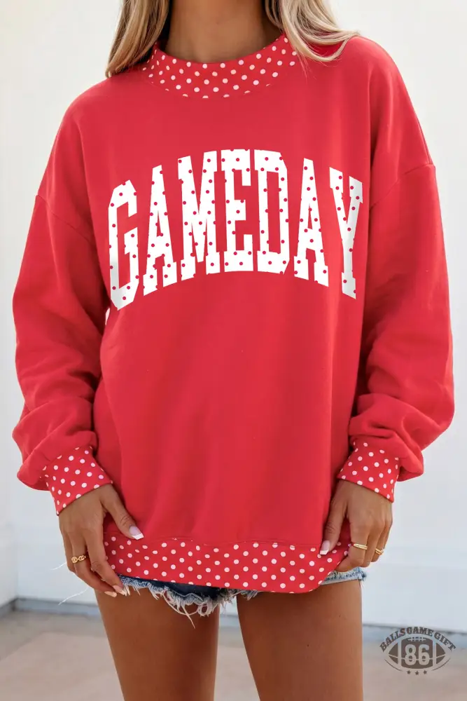 Women’s Red Polka Dot Game Day Graphic Mock Neck Sweatshirt, Oversized Sports Pullover