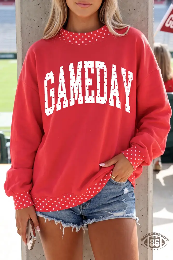 Women’s Red Polka Dot Game Day Graphic Mock Neck Sweatshirt, Oversized Sports Pullover