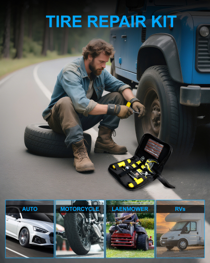  Beanewone Tire Repair Kit with Plugs, Tire Plug Kit Heavy Duty Professional for Car, ATV, Motorcycle, Truck, Flat Tire Emergency Repair(Zipper Bag Type-33 PCs)