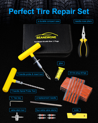  Beanewone Tire Repair Kit with Plugs, Tire Plug Kit Heavy Duty Professional for Car, ATV, Motorcycle, Truck, Flat Tire Emergency Repair(Zipper Bag Type-33 PCs)