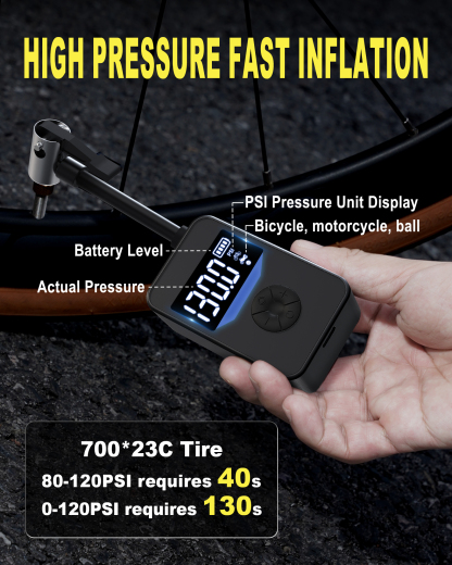 cyctravel Mini Bike Pump, 130PSI Bike Pump With Gauge Includes Overheat Protection, Electric Bike Air Pump with Presta and Schrader Valve for All Types of Bicycle, Electric Bike Tires and sports balls