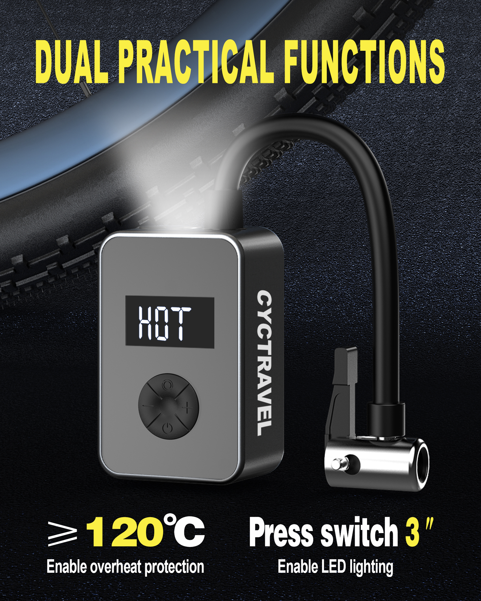 cyctravel Mini Bike Pump, 130PSI Bike Pump With Gauge Includes Overheat Protection, Electric Bike Air Pump with Presta and Schrader Valve for All Types of Bicycle, Electric Bike Tires and sports balls