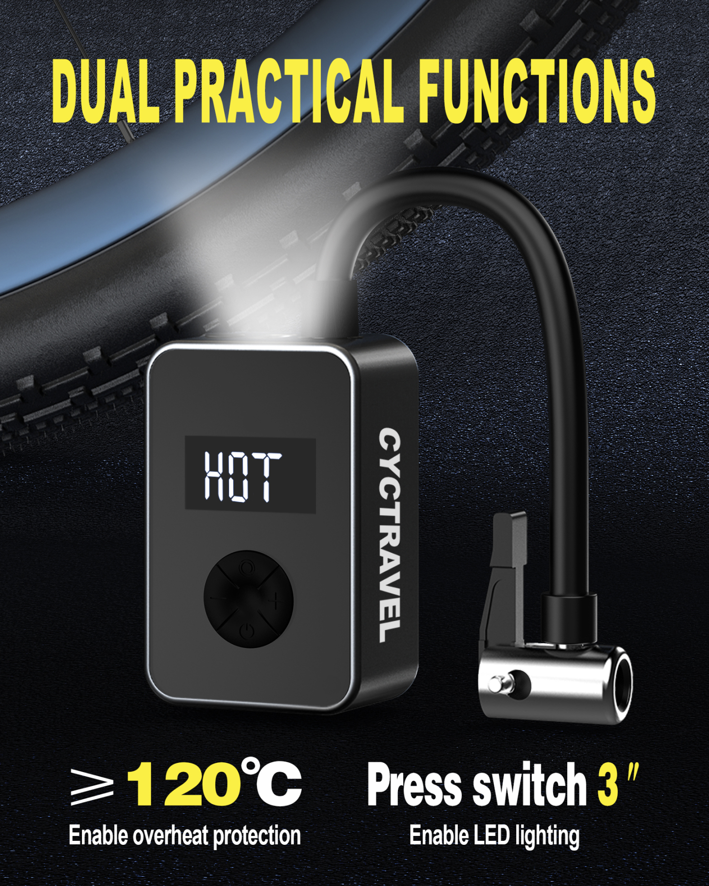 cyctravel Mini Bike Pump, 130PSI Bike Pump With Gauge Includes Overheat Protection, Electric Bike Air Pump with Presta and Schrader Valve for All Types of Bicycle, Electric Bike Tires and sports balls