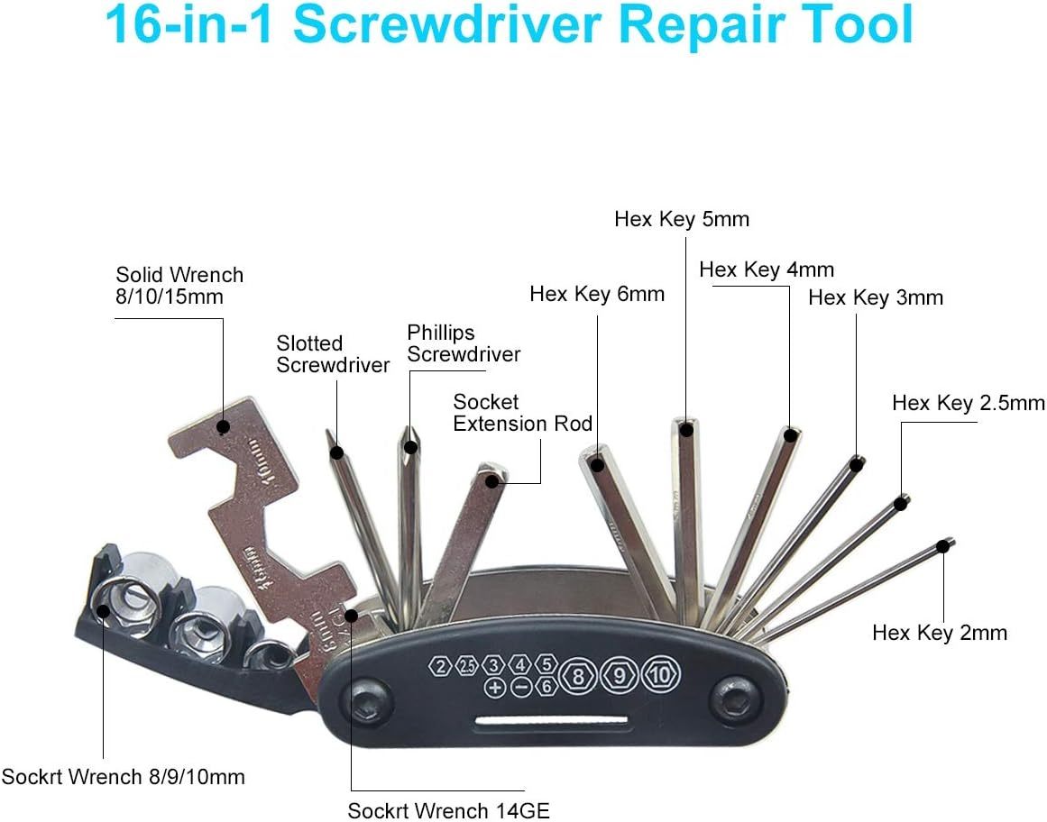 Bike Repair Kit, Bike Tire Repair Tool Kit Contains 16-in-1 Tool, 120Psi Mini Bicycle Pump, Bicycle Tire Patch Kit, Used for Mountain Bike and Road Bike.
