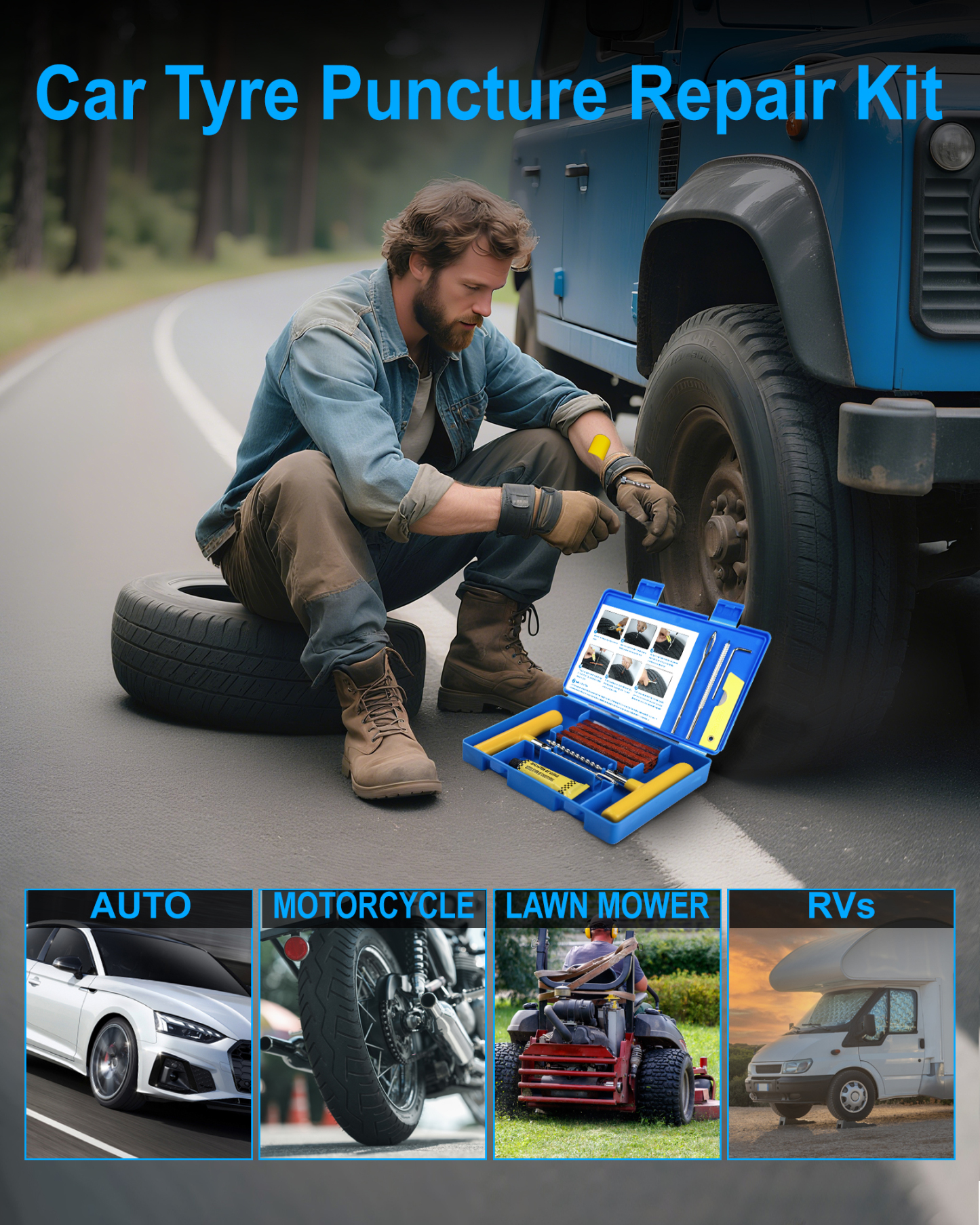 Beanewone Tire Repair Kit with Plugs , Tire Plug Kit Heavy Duty Professional for Car, ATV, Motorcycle, Truck, Flat Tire Emergency Repair (Boxed Type - 19 PCs)