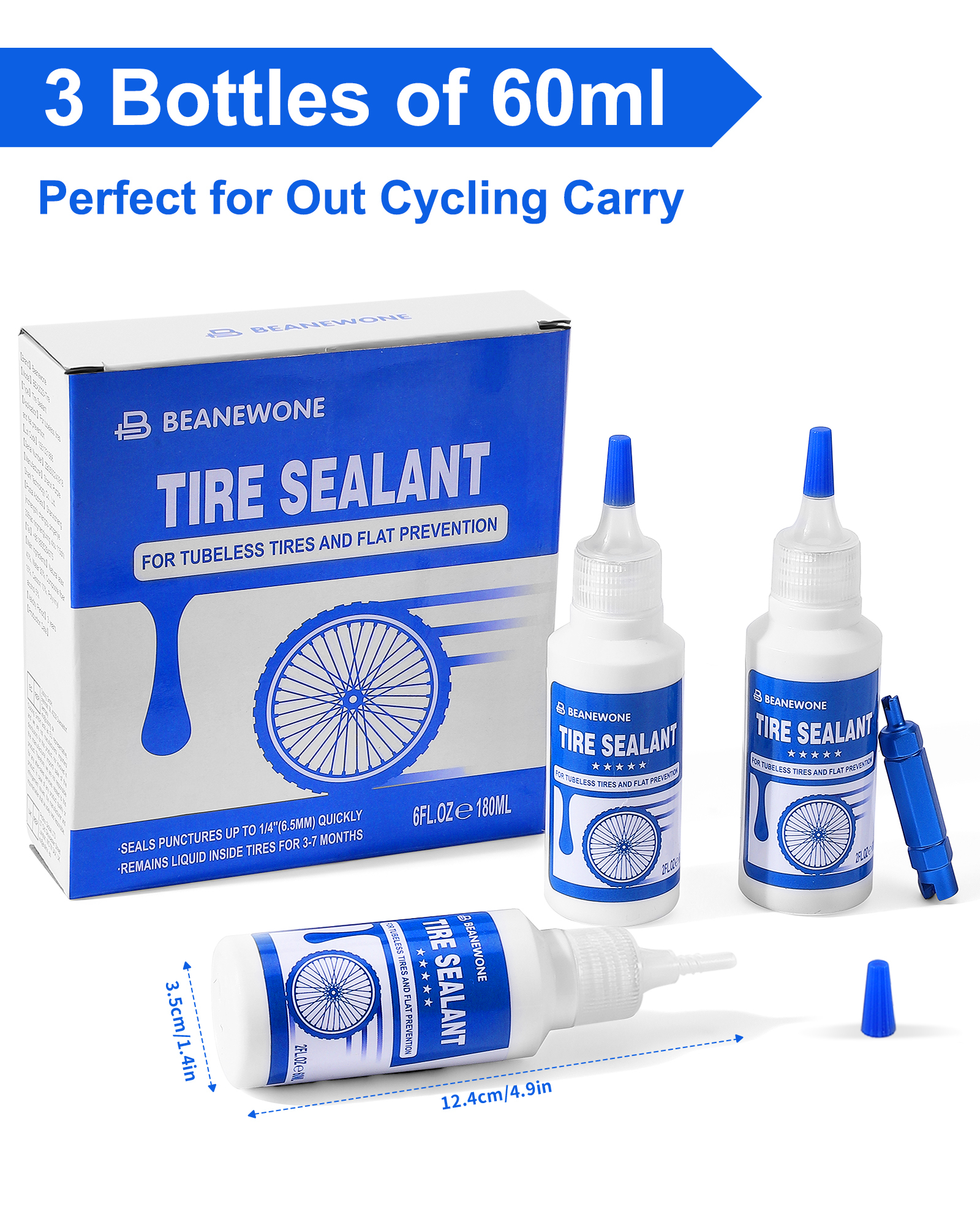 Beanewone Tubeless Tire Sealant, Tubeless Bike Sealant - 2oz per Bottle, Long-Lasting for MTB, No Tubes and Tubeless Tires. Directly Refills in Under 30s(2oz X 3 Bottles)
