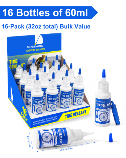 Beanewone Tubeless Tire Sealant, Tubeless Bike Sealant - 16 Bottles (32oz Total), Long-Lasting for MTB, No Tubes and Tubeless Tires. No Tire Removal, Directly Refills in under 30s