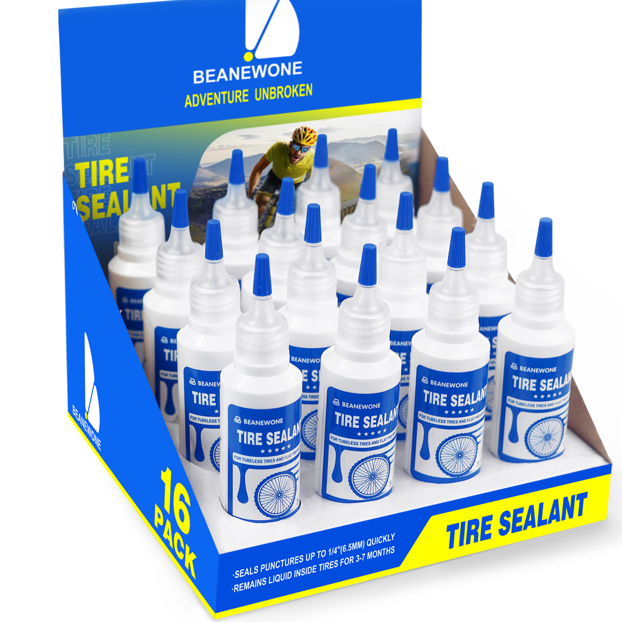 Beanewone Tubeless Tire Sealant, Tubeless Bike Sealant - 16 Bottles (32oz Total), Long-Lasting for MTB, No Tubes and Tubeless Tires. No Tire Removal, Directly Refills in under 30s