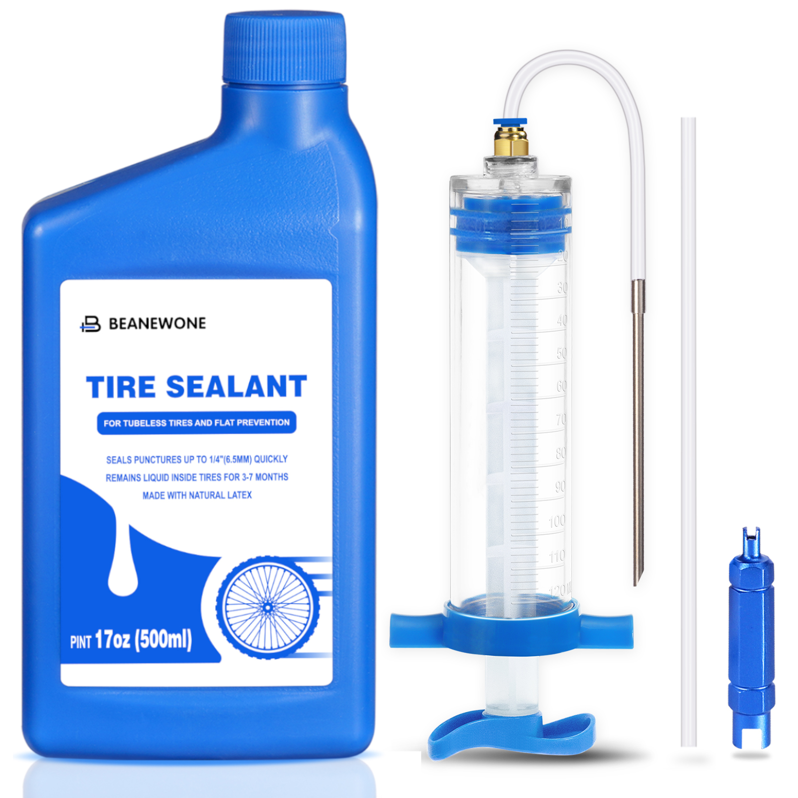 Beanewone Tubeless Tire Sealant, 500ml Bike Tire Sealant with Tubeless Sealant Injector, Delivers Long-Lasting Sealant Directly to MTB & Road Bicycle Tires