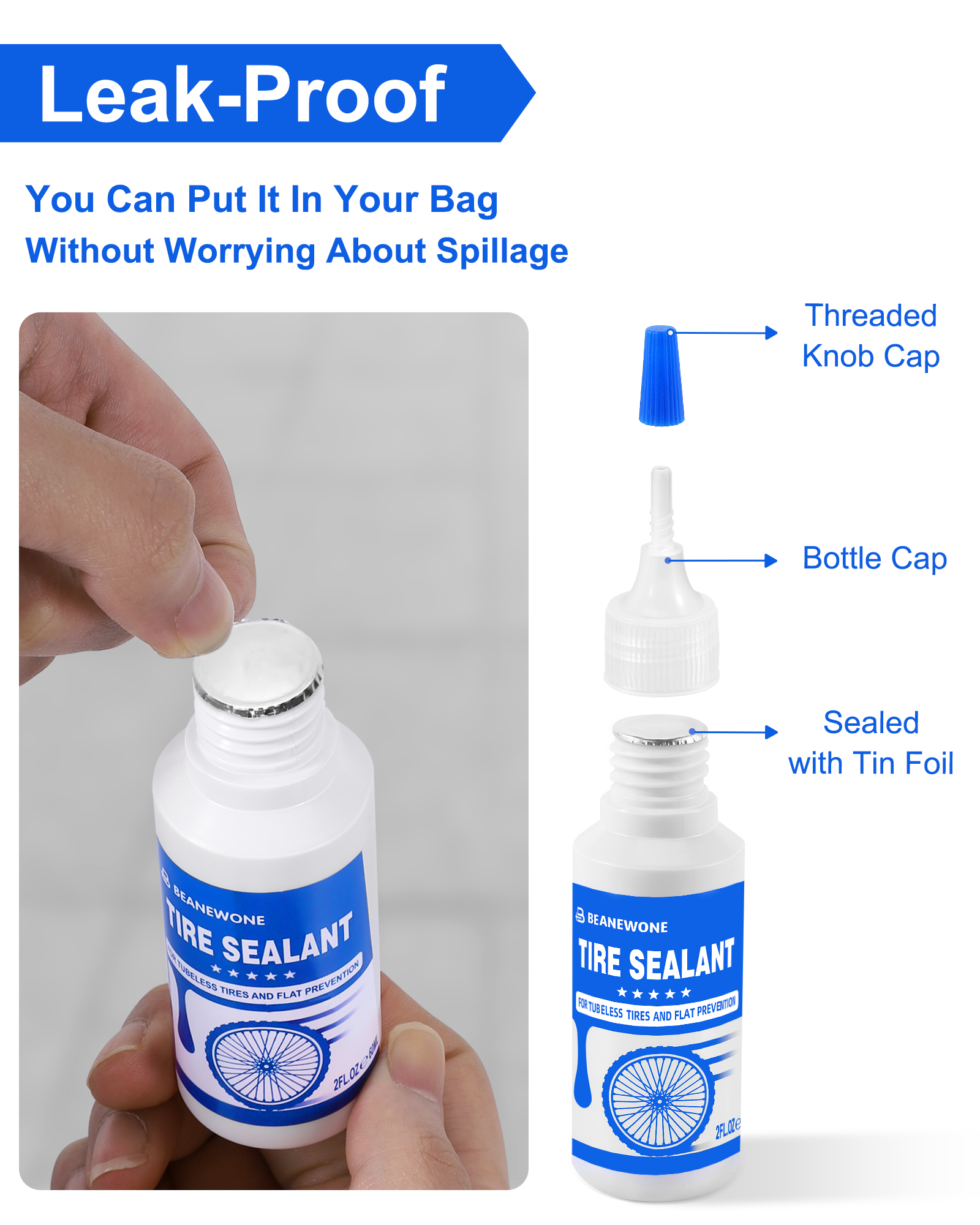 Beanewone Tubeless Tire Sealant, Tubeless Bike Sealant - 2oz per Bottle, Long-Lasting for MTB, No Tubes and Tubeless Tires. Directly Refills in Under 30s(2oz X 3 Bottles)