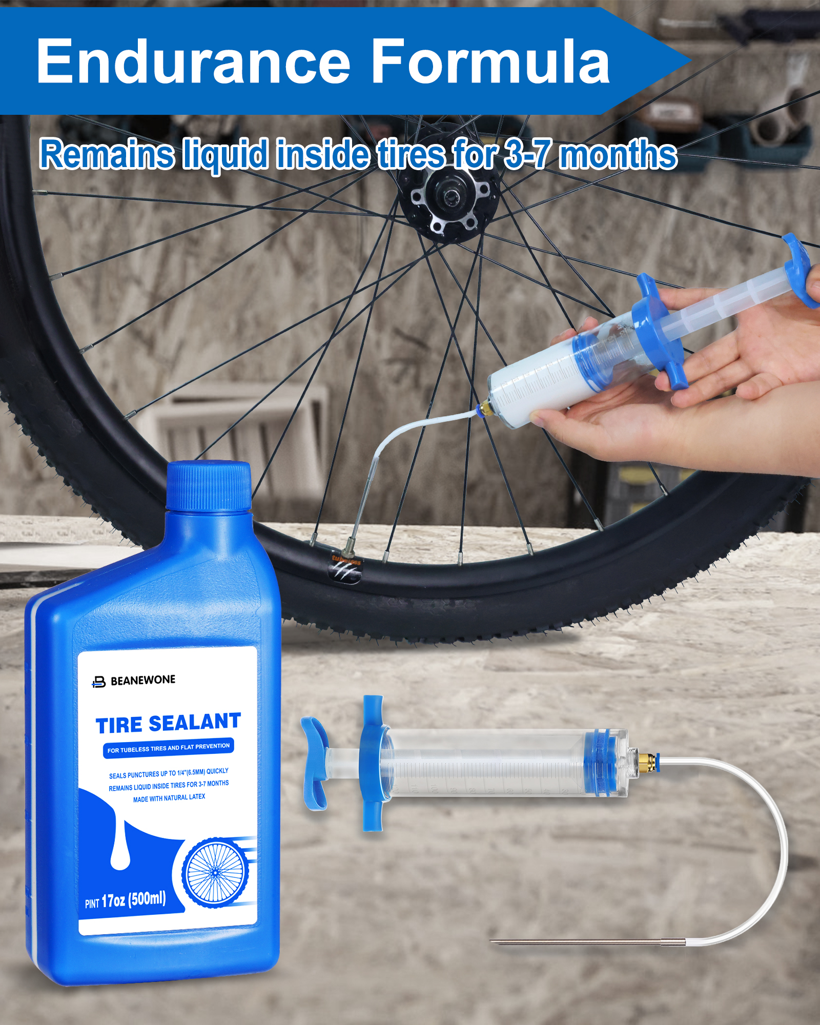 Beanewone Tubeless Tire Sealant, 500ml Bike Tire Sealant with Tubeless Sealant Injector, Delivers Long-Lasting Sealant Directly to MTB & Road Bicycle Tires