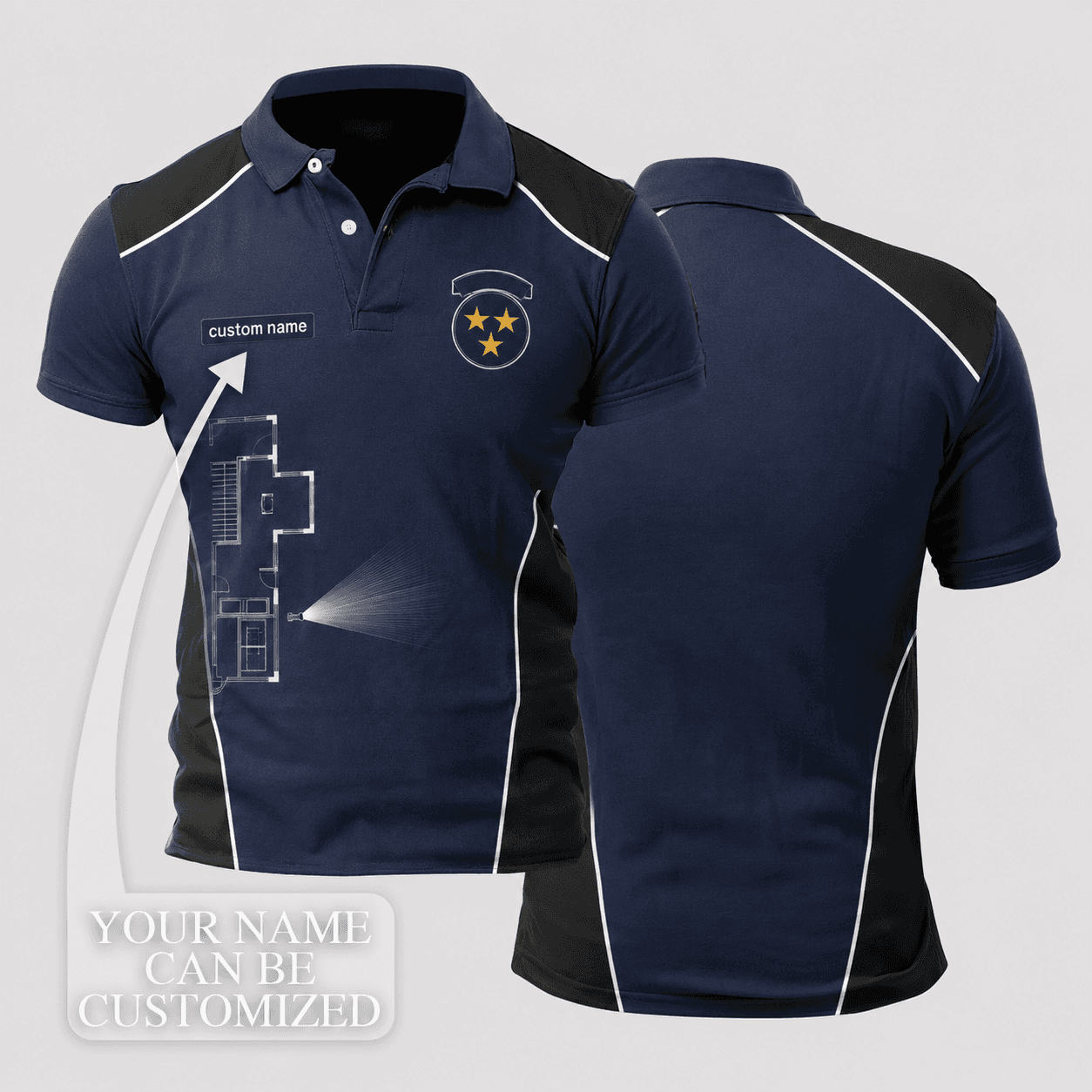 Barry Burton Custom Name Navy Black White Mansion Search Floor Plan Flashlight Polo Shirt