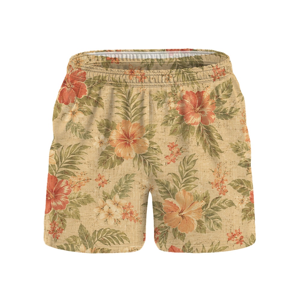 Hawaii Antique Linen Hibiscus Palm Camp Shirt