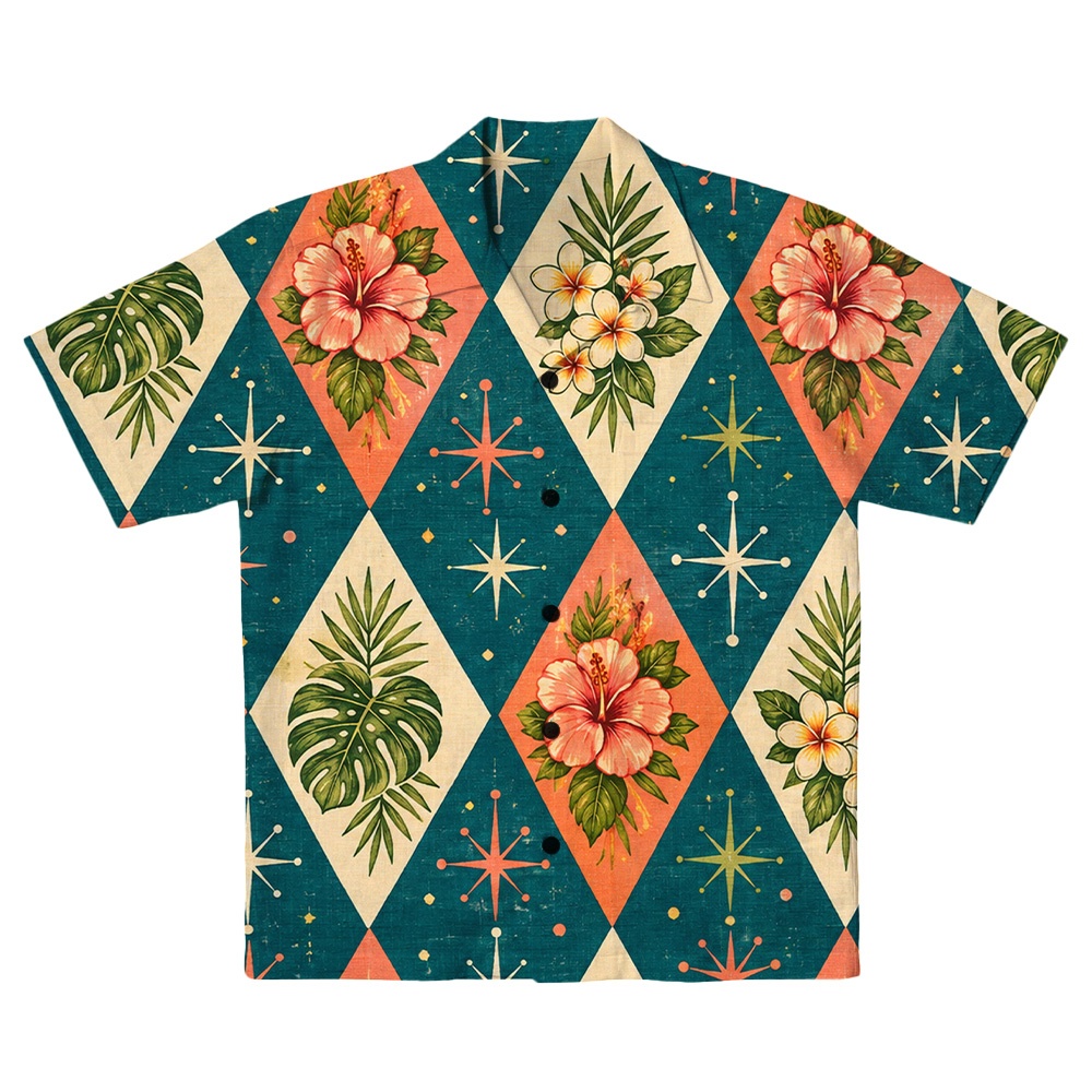 Hawaii Aqua Atomic Monstera Grid Camp Shirt