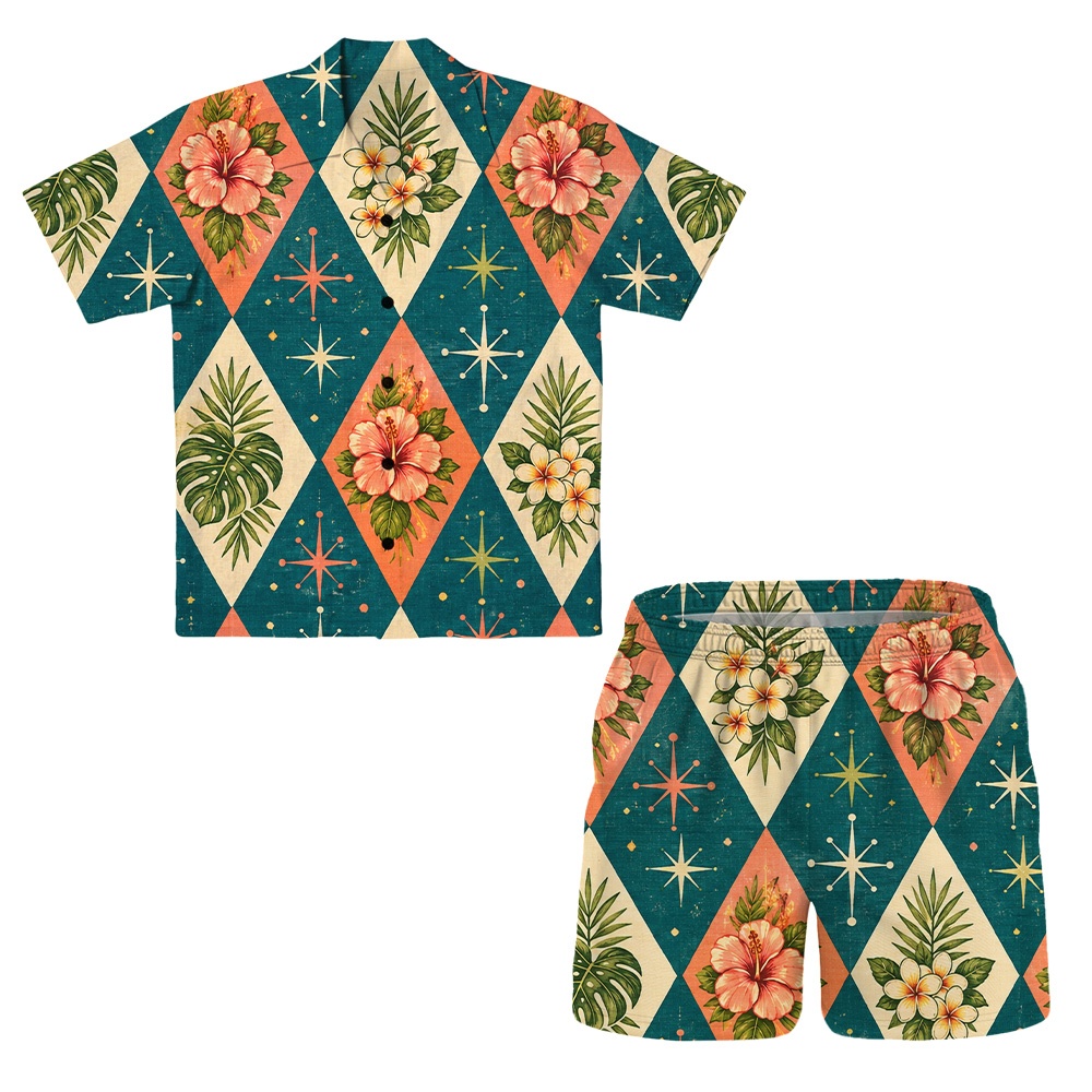 Hawaii Aqua Atomic Monstera Grid Camp Shirt