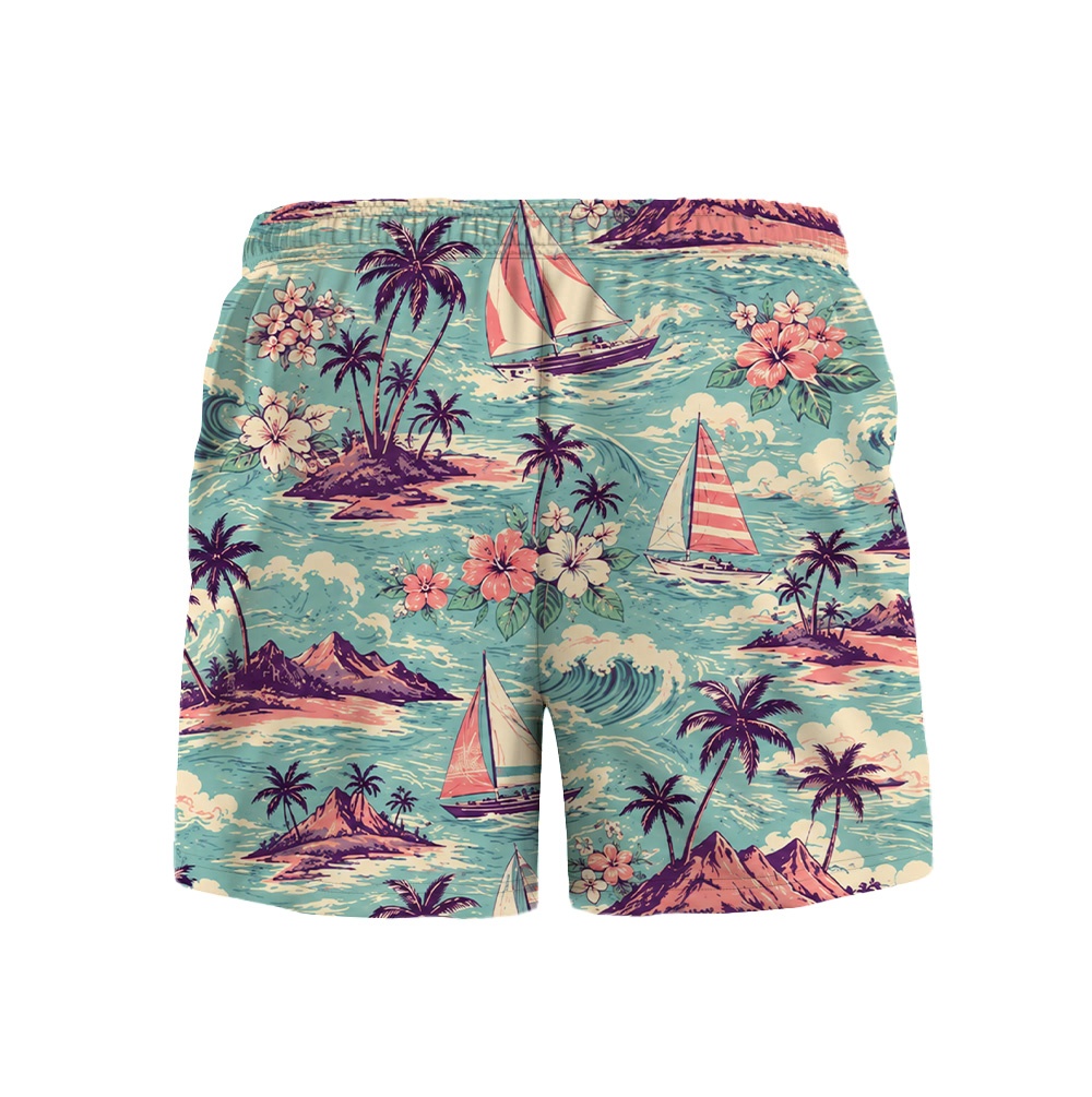 Hawaii Aqua Pink Palm Sailboat Camp Shirt