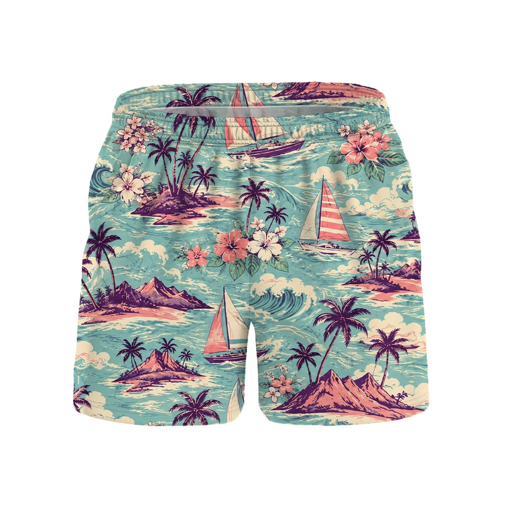 Hawaii Aqua Pink Palm Sailboat Camp Shirt