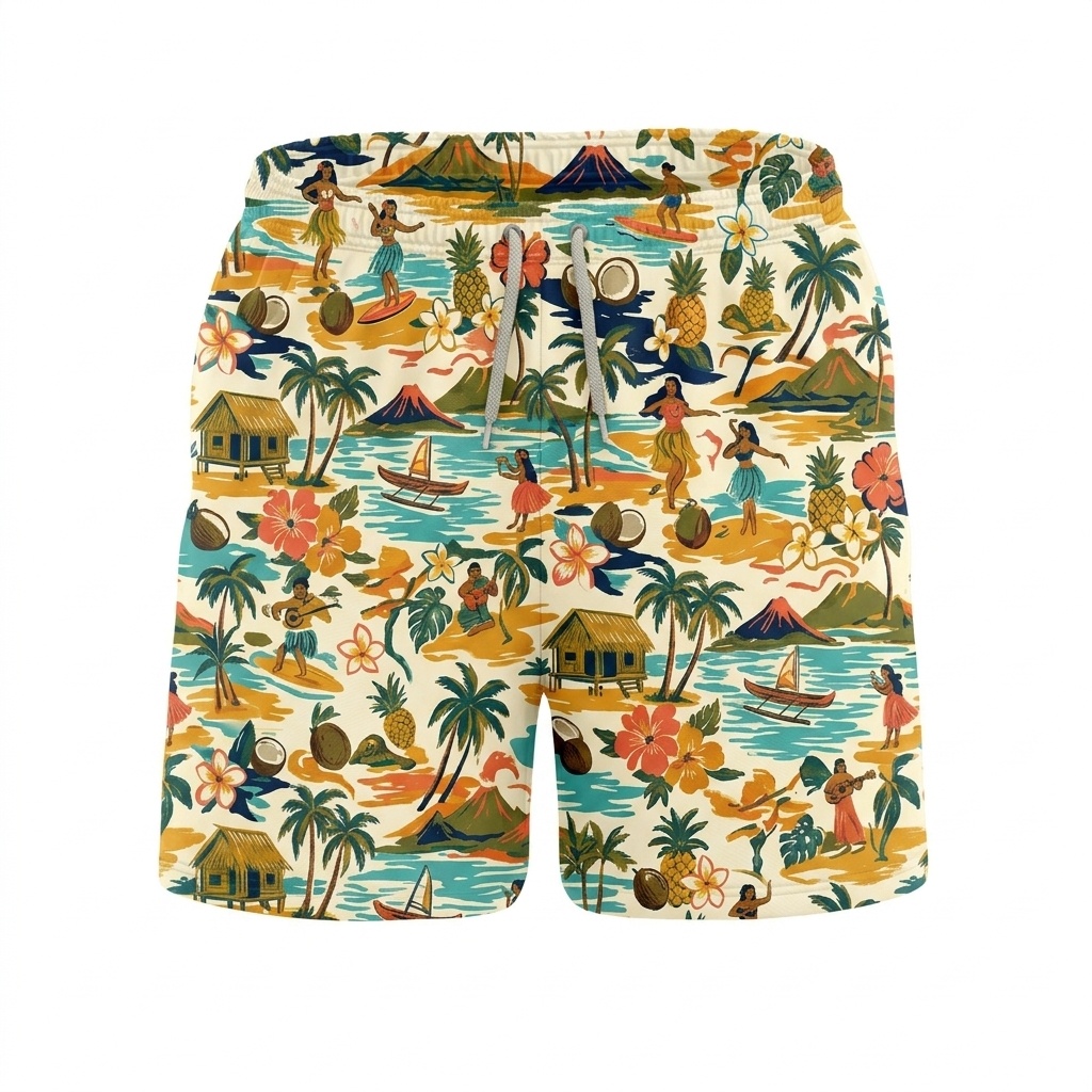 Hawaii Coastal Beach Village Drawstring Shorts
