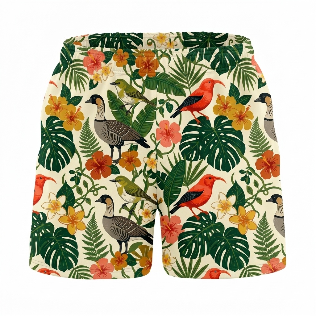 Hawaii Coastal Bird Jungle Drawstring Shorts