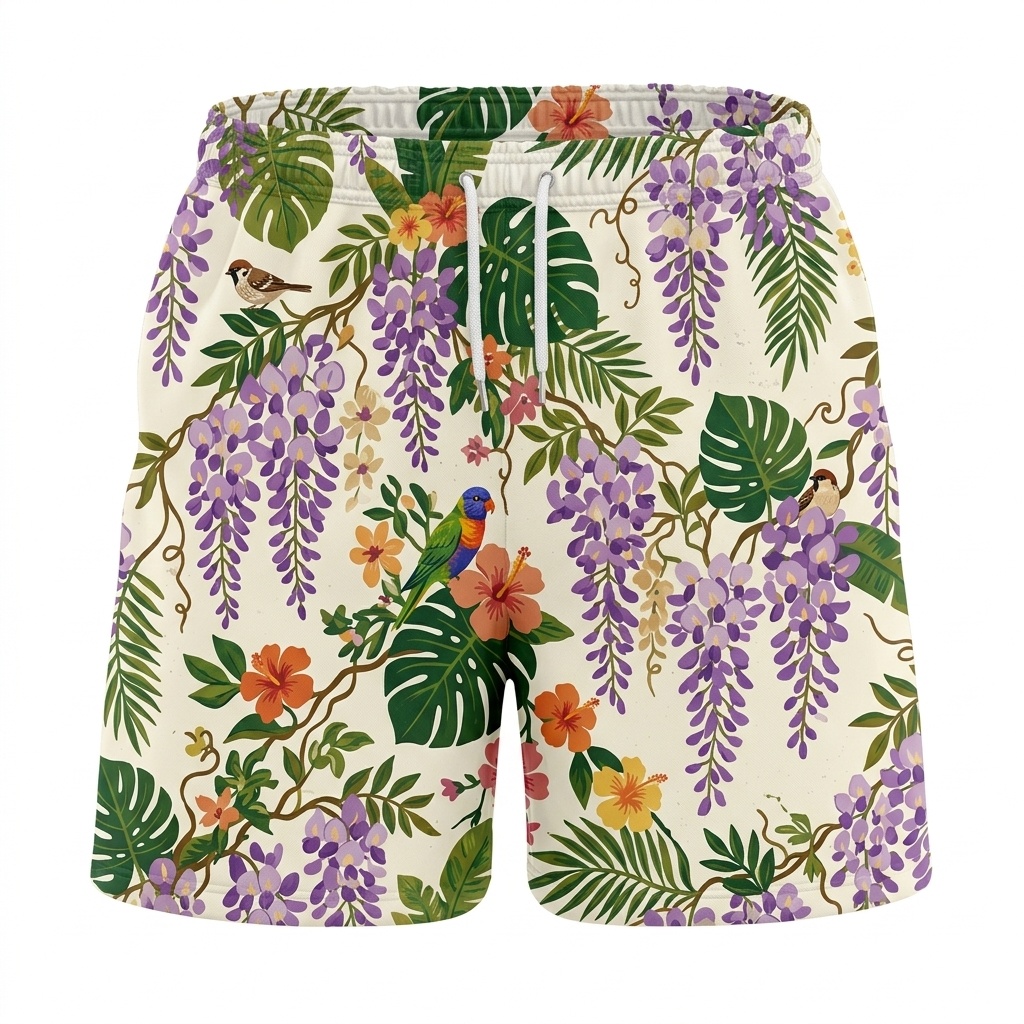 Hawaii Coastal Wisteria Bird Drawstring Shorts