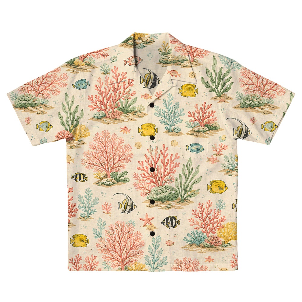 Hawaii Cream Fish Coral Spray Camp Shirt