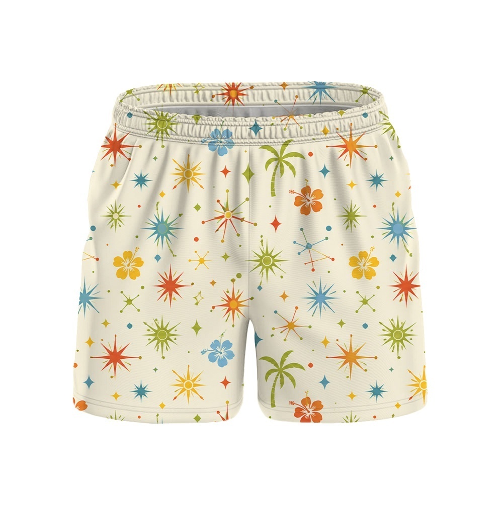 Hawaii Cream Space Starburst Floral Drawstring Shorts