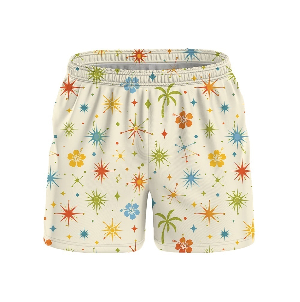 Hawaii Cream Space Starburst Floral Drawstring Shorts