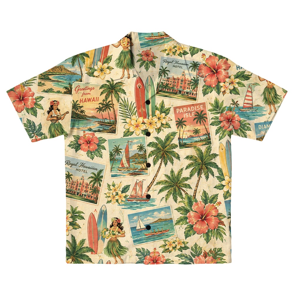 Hawaii Cream Surf Postcard Palm Camp Shirt