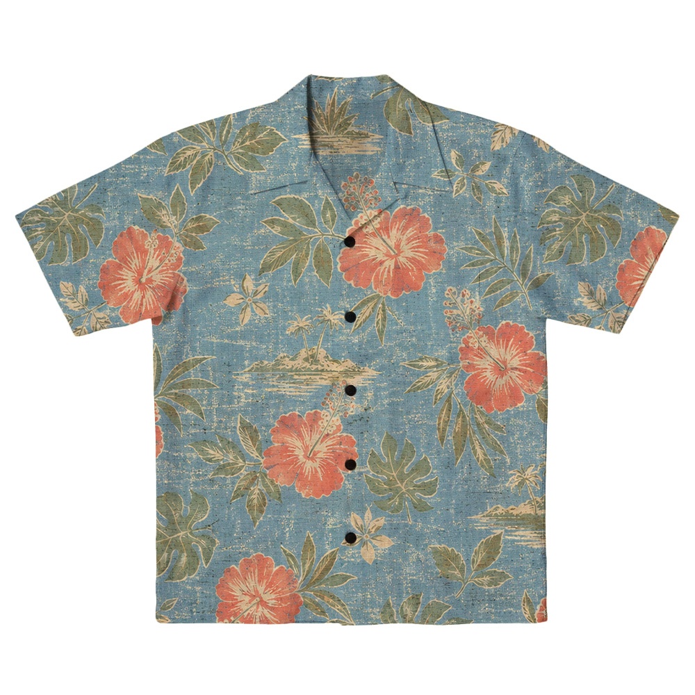 Hawaii Dusty Blue Hibiscus Palm Camp Shirt