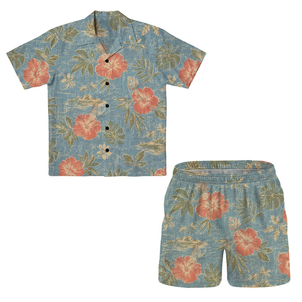 Hawaii Dusty Blue Hibiscus Palm Camp Shirt