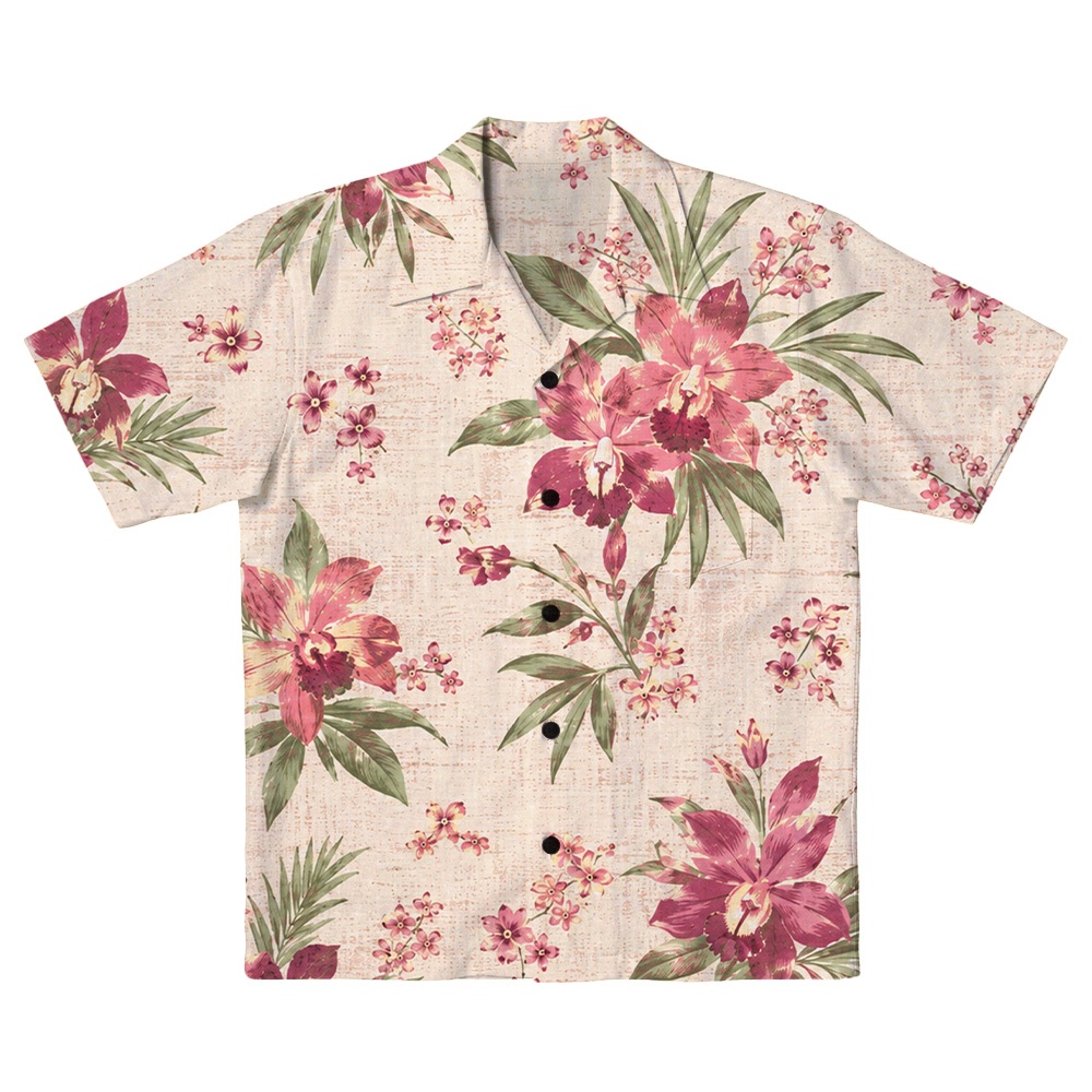 Hawaii Ivory Plum Orchid Leaf Camp Shirt
