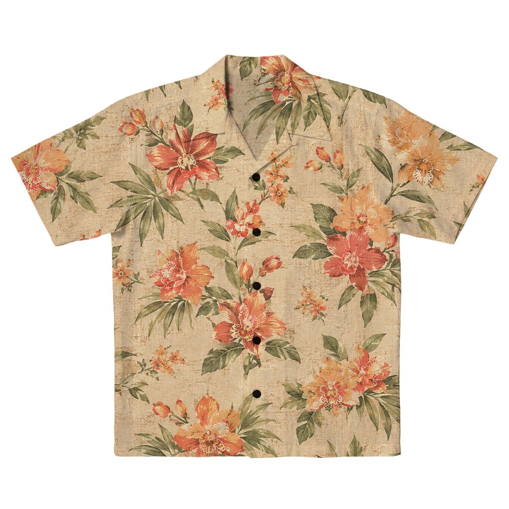Hawaii Linen Peach Hibiscus Spray Camp Shirt