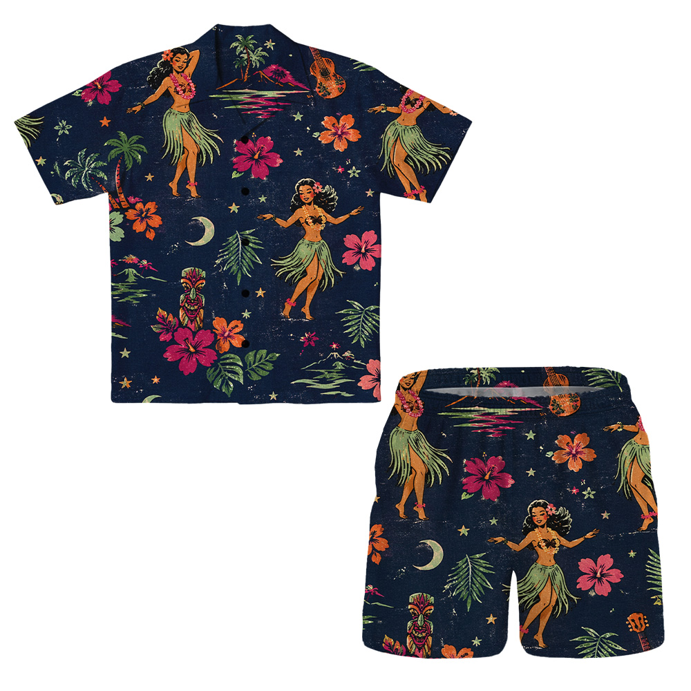 Hawaii Midnight Island Hula Dancer Camp Shirt Set