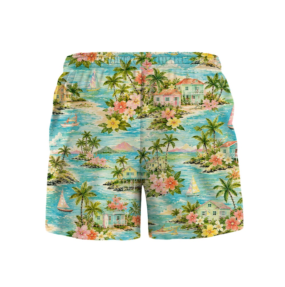 Hawaii Mint Village Palm Hibiscus Camp Shirt