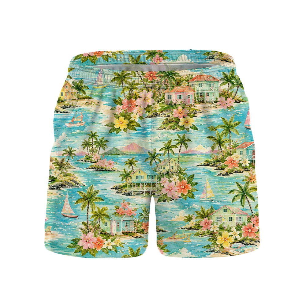 Hawaii Mint Village Palm Hibiscus Camp Shirt