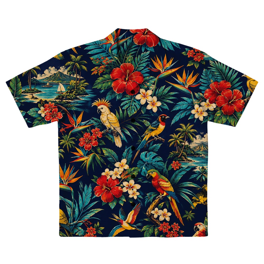 Hawaii Navy Parrot Hibiscus Palm Camp Shirt