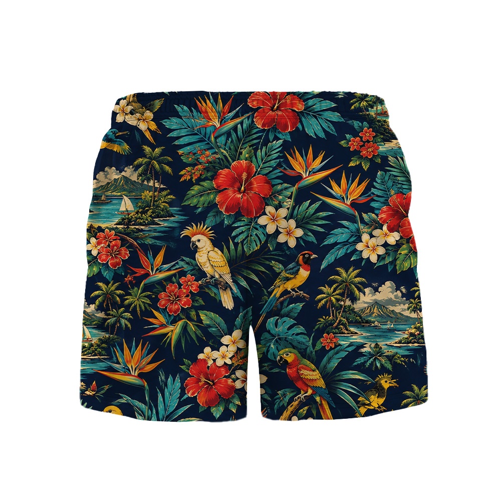 Hawaii Navy Parrot Hibiscus Palm Camp Shirt