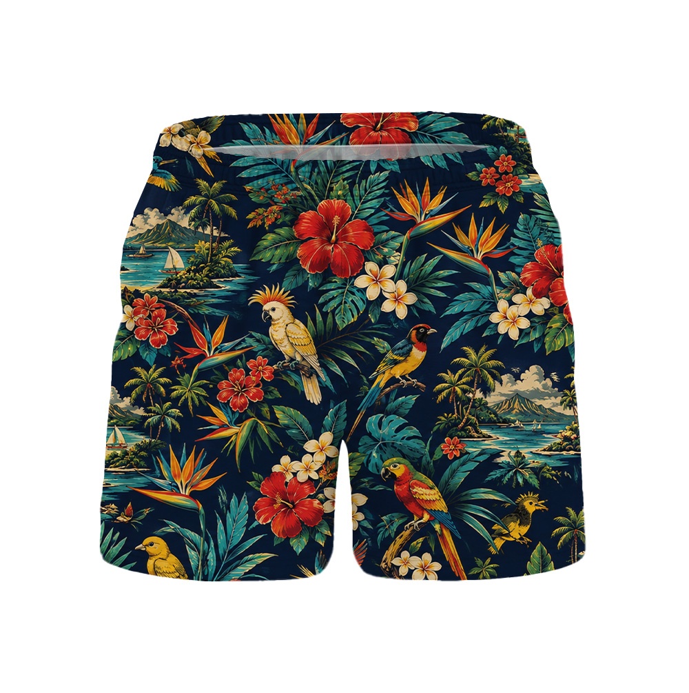 Hawaii Navy Parrot Hibiscus Palm Camp Shirt