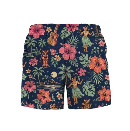 Hawaii Night Hula Floral Scene Drawstring Shorts