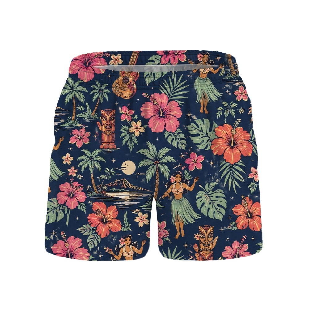 Hawaii Night Hula Floral Scene Drawstring Shorts