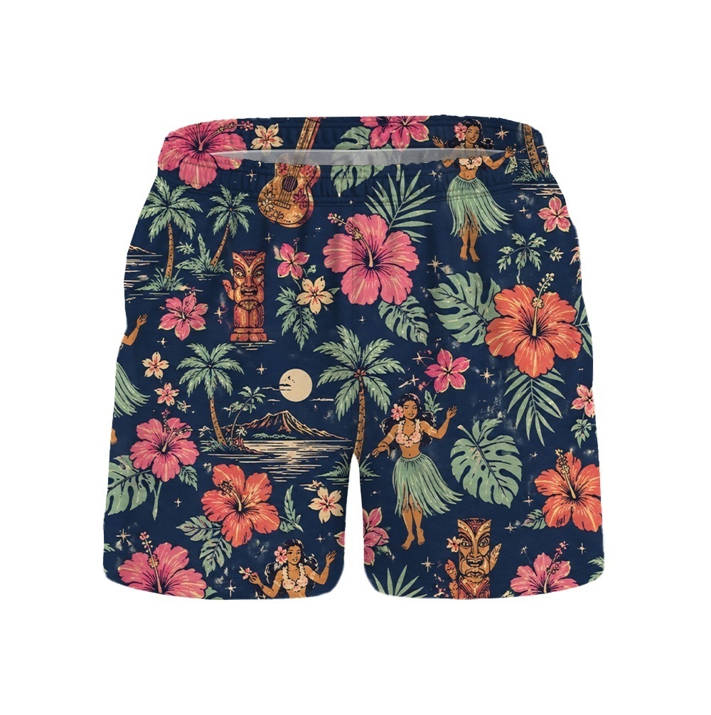 Hawaii Night Hula Floral Scene Drawstring Shorts