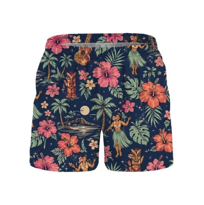 Hawaii Night Hula Floral Scene Drawstring Shorts