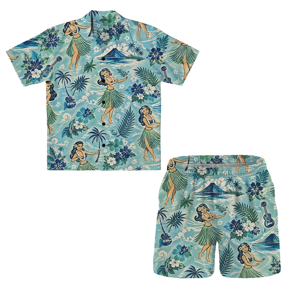 Hawaii Ocean Surf Hula Dancer Camp Shirt Set
