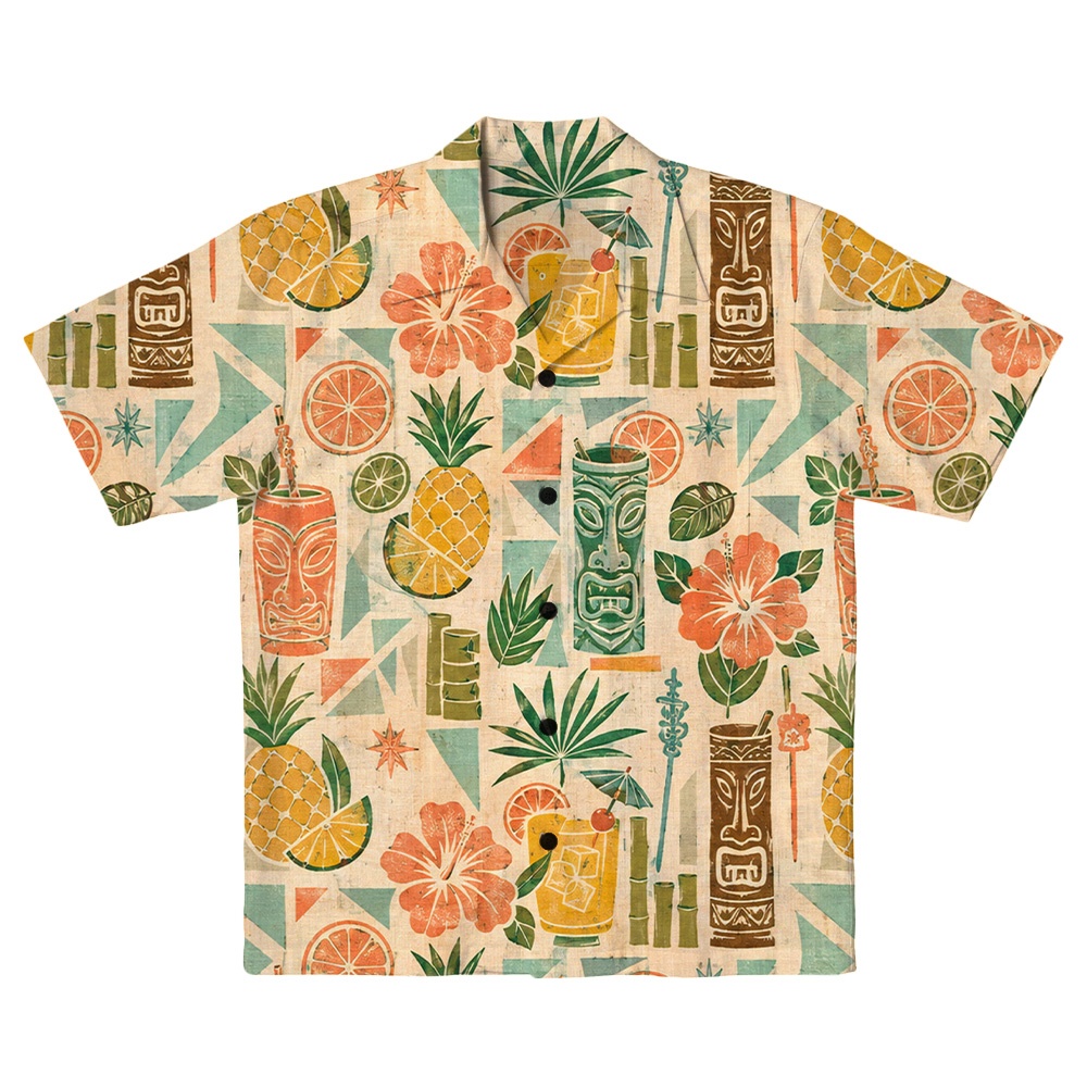 Hawaii Peach Tiki Citrus Tile Camp Shirt